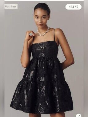 NWT Anthropologie Endless Rose Square-Neck Babydoll Mini Dress 2X Black Texture
